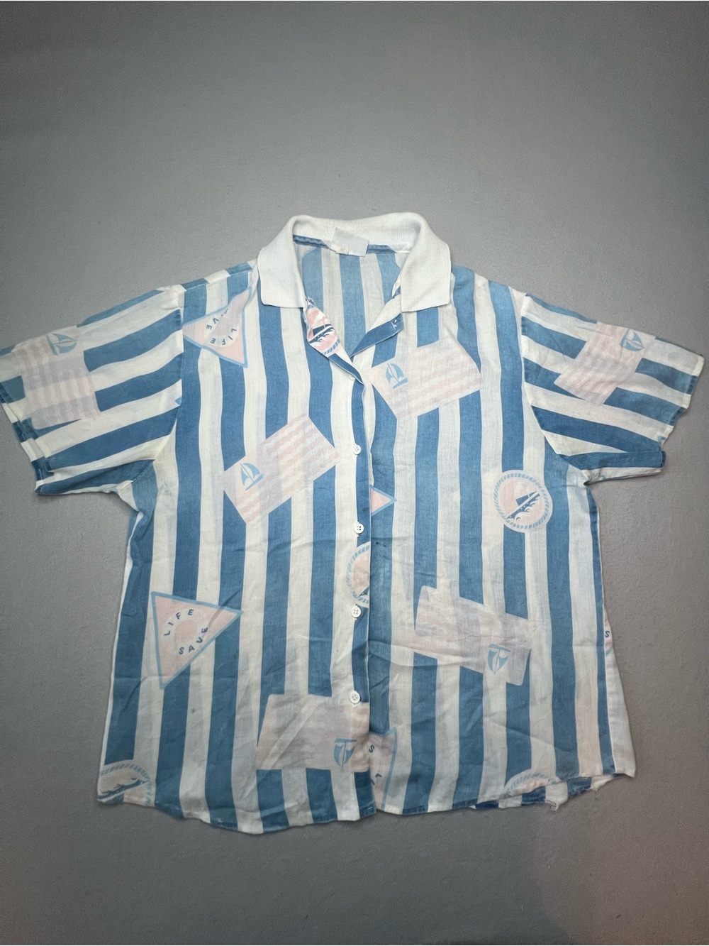 Vintage Russ Petites Blue White Stripe Nautical Short Sleeve Button Down Blouse